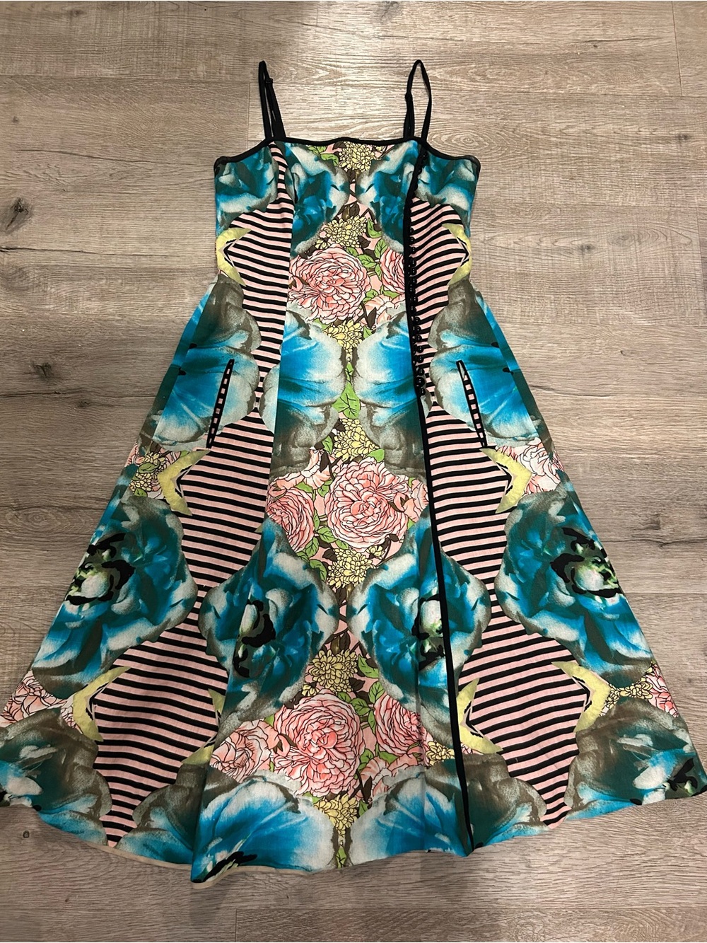 Tracy Reese NY Pink Blue Floral Linen  Coquette Fit to Flare A-Line Dress SZ 4